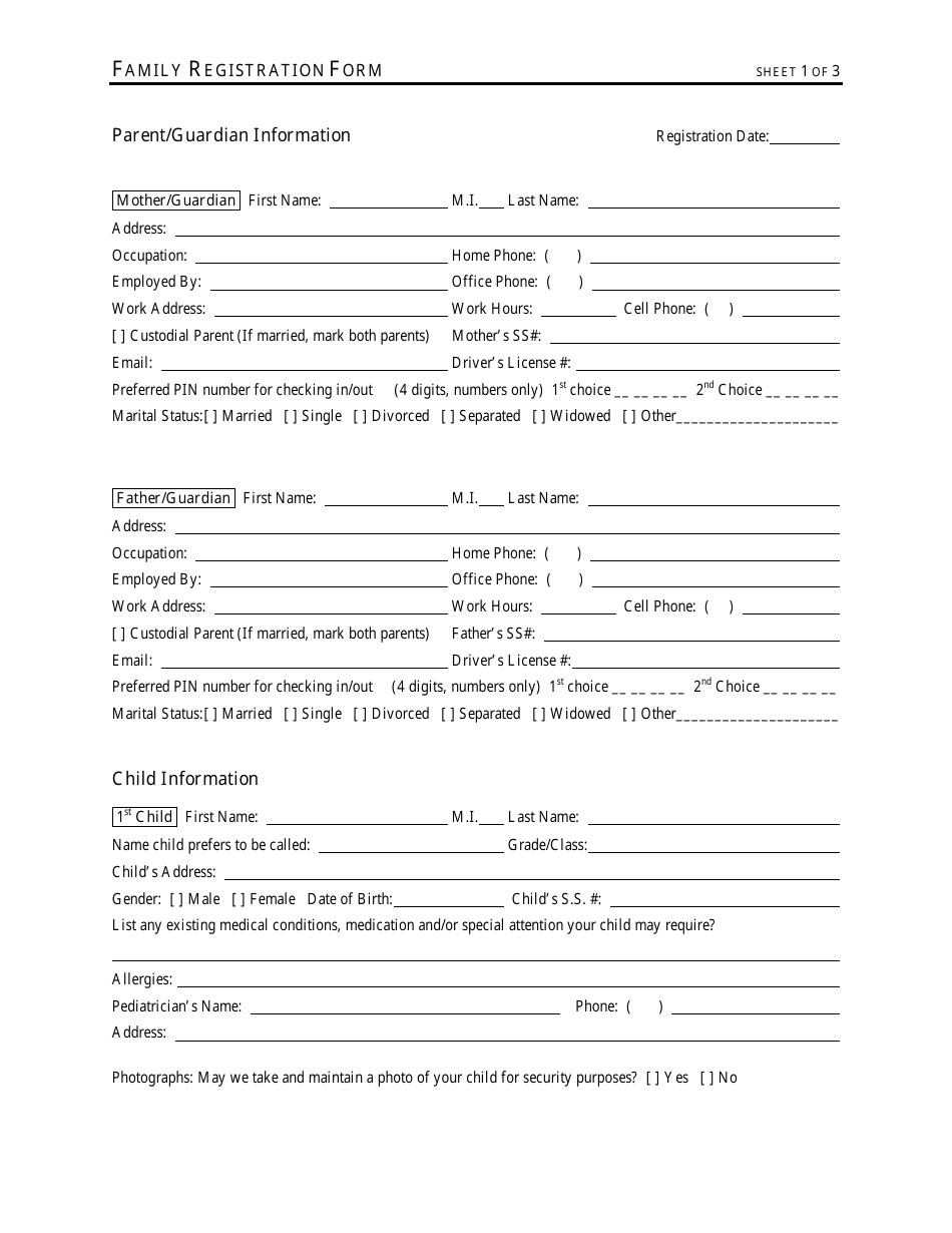 Family Registration Form, Page 1