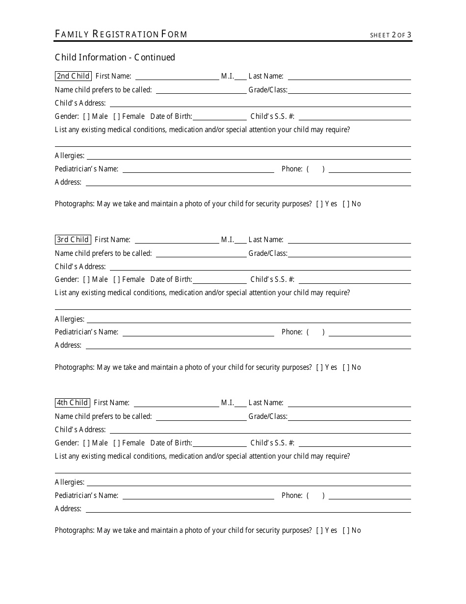 Family Registration Form, Page 2