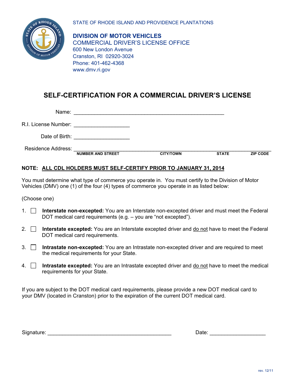 Self-certification for a Commercial Drivers License - Rhode Island, Page 1