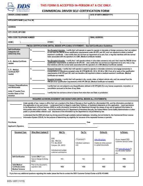 Form DDS-1207 Commercial Driver Self-certification Form - Georgia (United States)