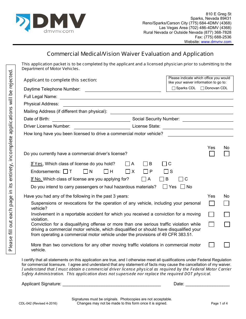 Form CDL-042 Commercial Medical / Vision Waiver Evaluation and Application - Nevada, Page 1