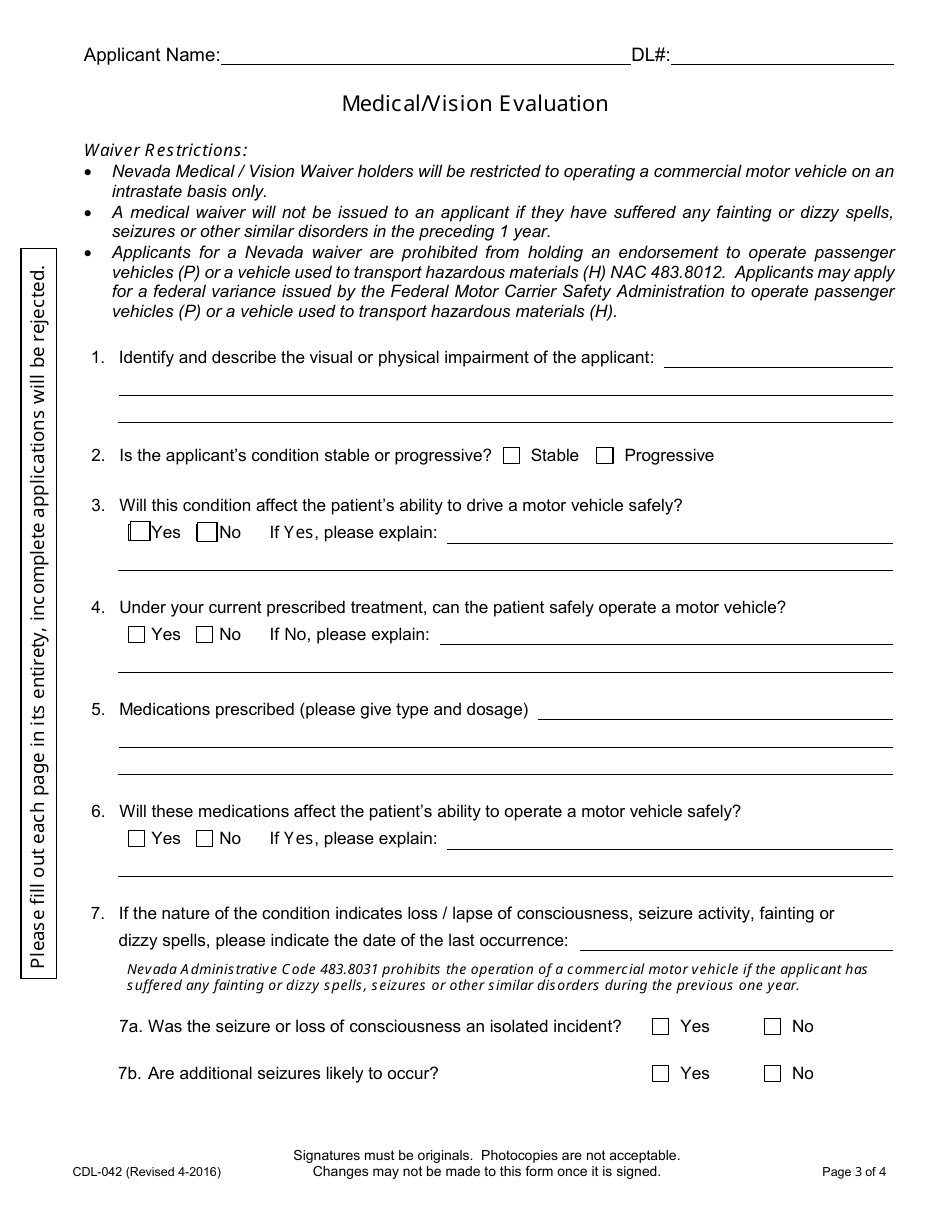 Form CDL-042 Commercial Medical / Vision Waiver Evaluation and Application - Nevada, Page 3