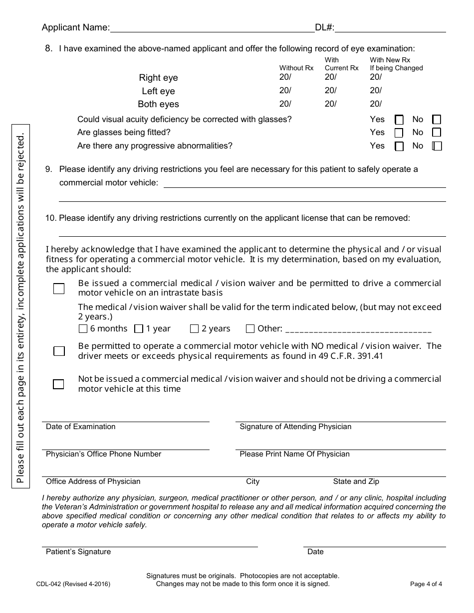 Form CDL-042 Commercial Medical / Vision Waiver Evaluation and Application - Nevada, Page 4