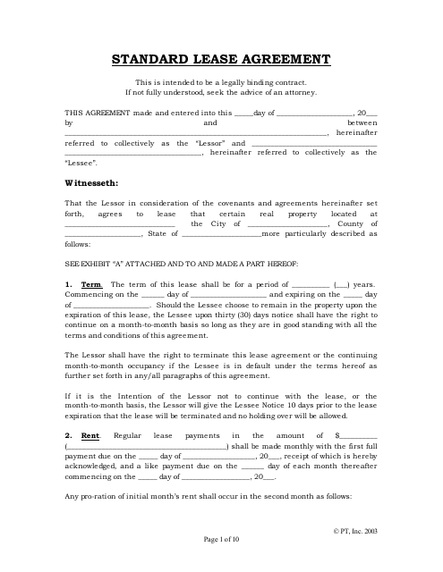 Standard Lease Agreement Template - Pt Download Pdf