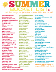Document preview: 100 Fun Things Summer Bucket List Template for Kids