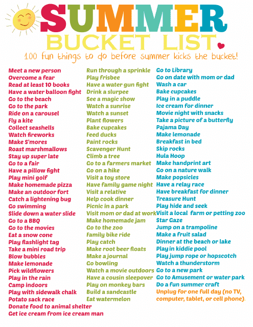 &quot;100 Fun Things Summer Bucket List Template for Kids&quot; Download Pdf