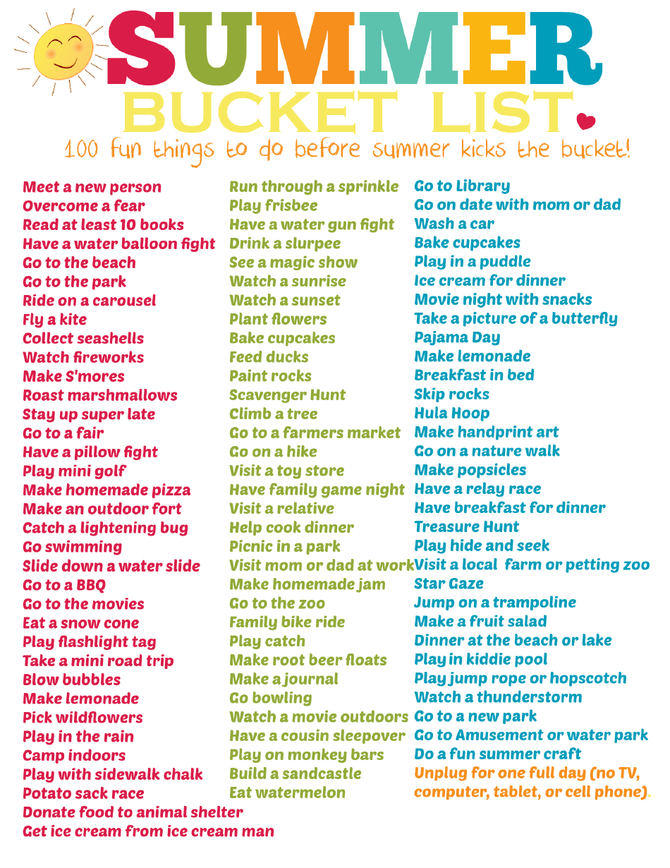 100 Fun Things Summer Bucket List Template for Kids - Image preview