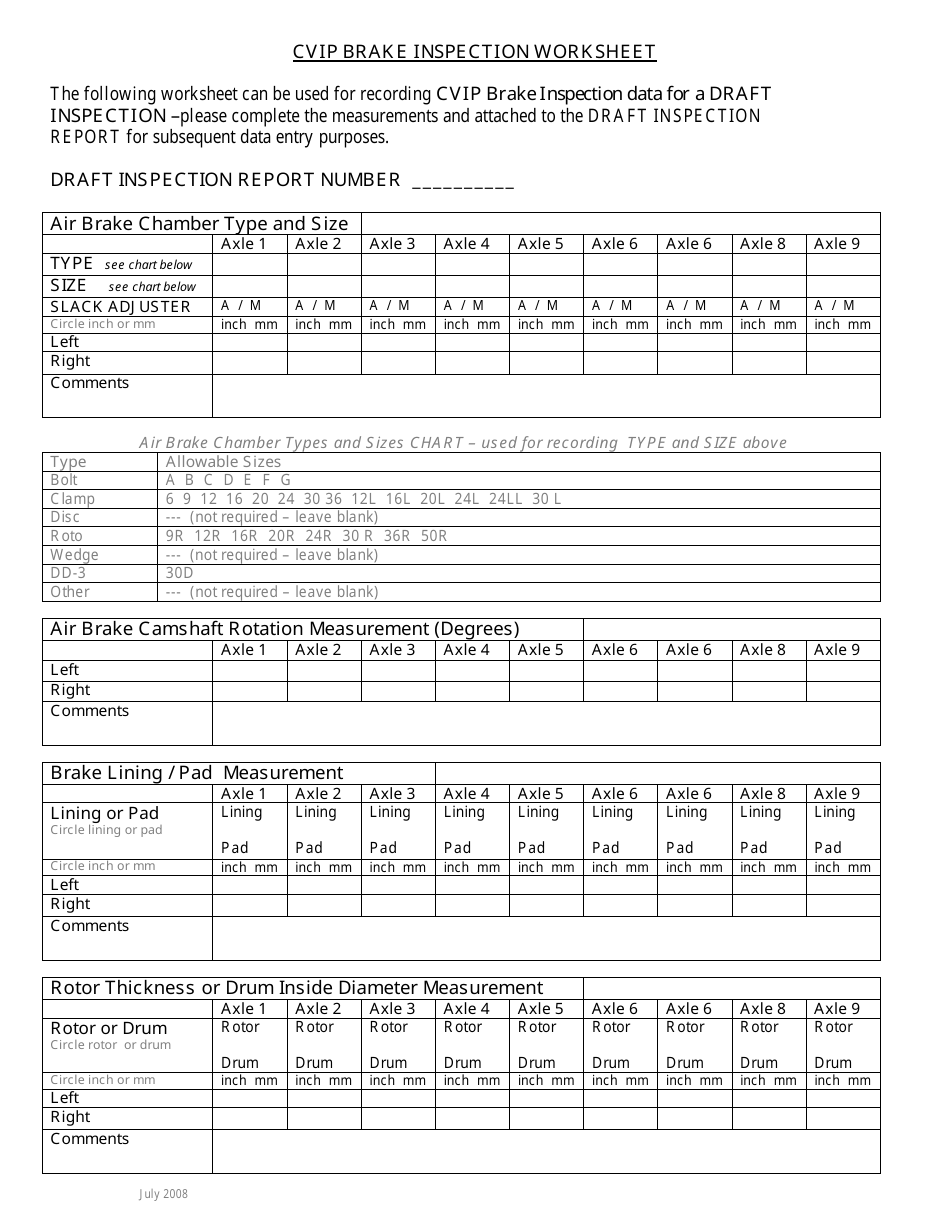 British Columbia Canada Cvip Brake Inspection Worksheet Fill Out