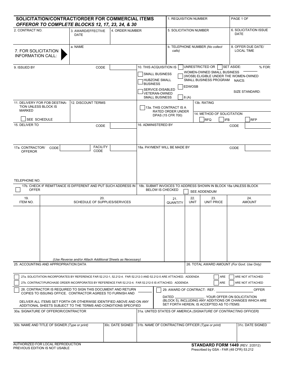 Form SF-1449 Solicitation / Contract / Order for Commercial Items, Page 1