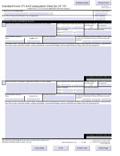 OPM Form SF-171-A Continuation Sheet for SF 171