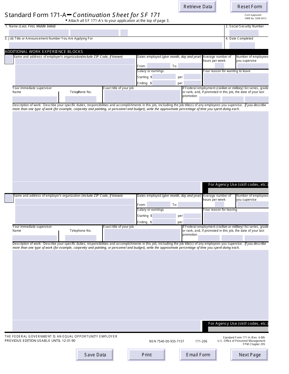 OPM Form SF-171-A Continuation Sheet for SF 171, Page 1