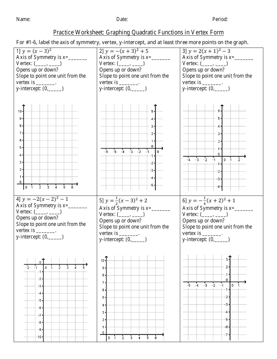 Graphing Quadratic Functions in Vertex Form Practice Worksheet With Answers, Page 1