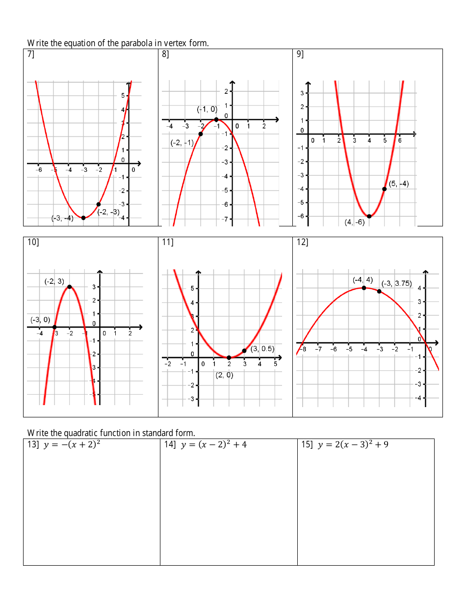 Graphing Quadratic Functions In Vertex Form Practice Worksheet With