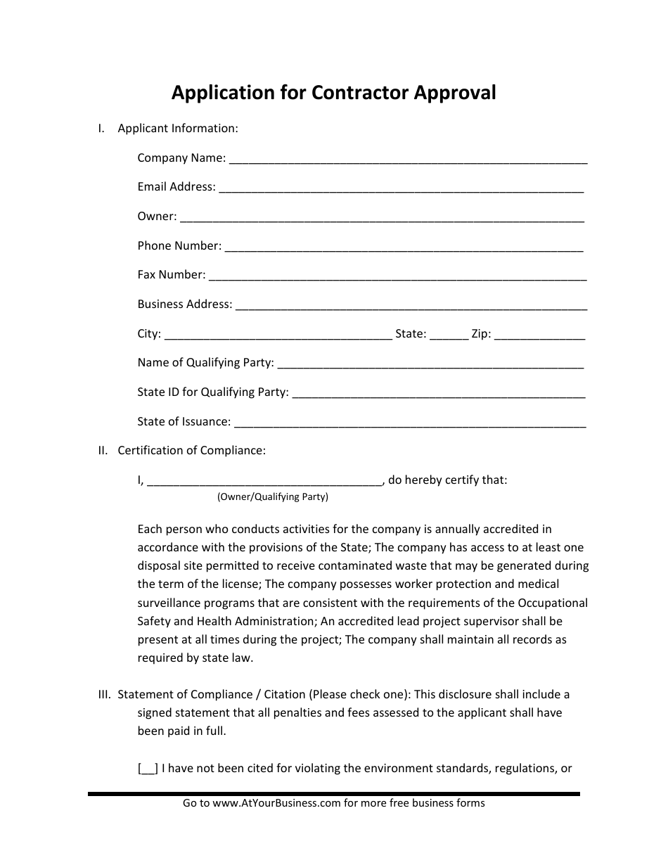 Application for Contractor Approval - Preview