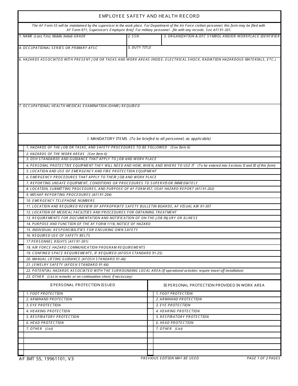 AF IMT Form 55 Employee Safety and Health Record, Page 1