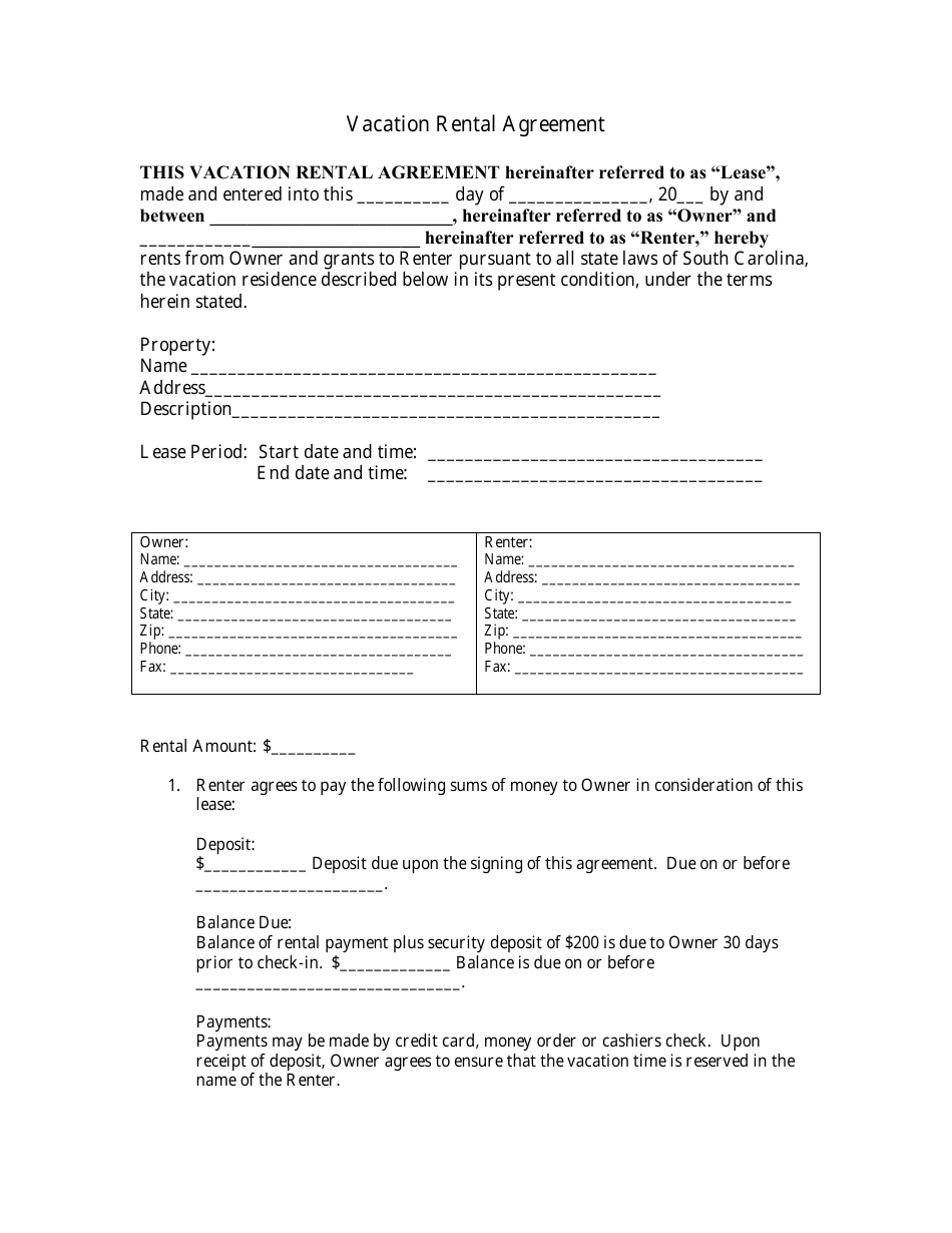 South Carolina Vacation Rental Agreement Template Fill Out Sign