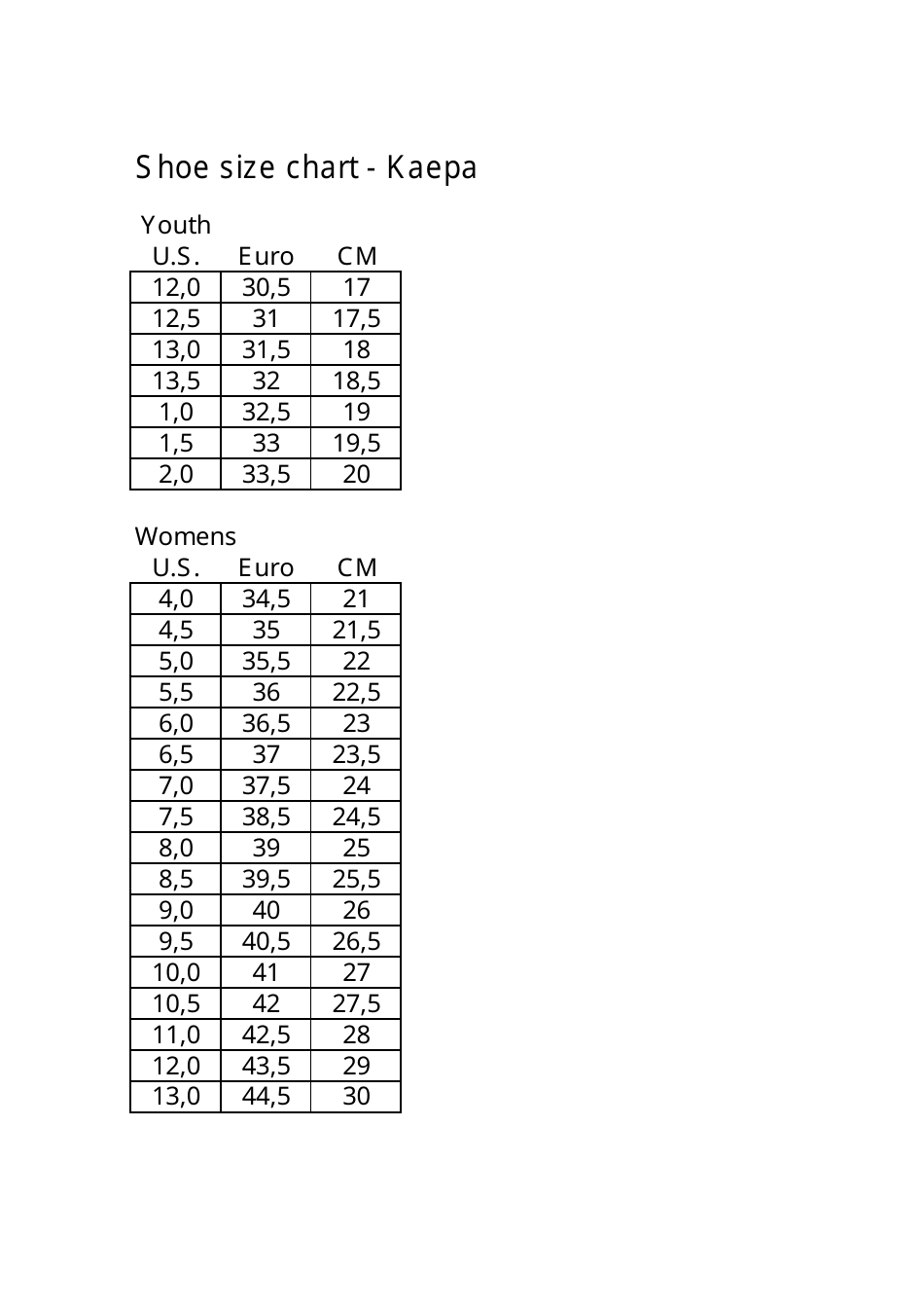 Sample Youth and Women Shoe Size Chart 
