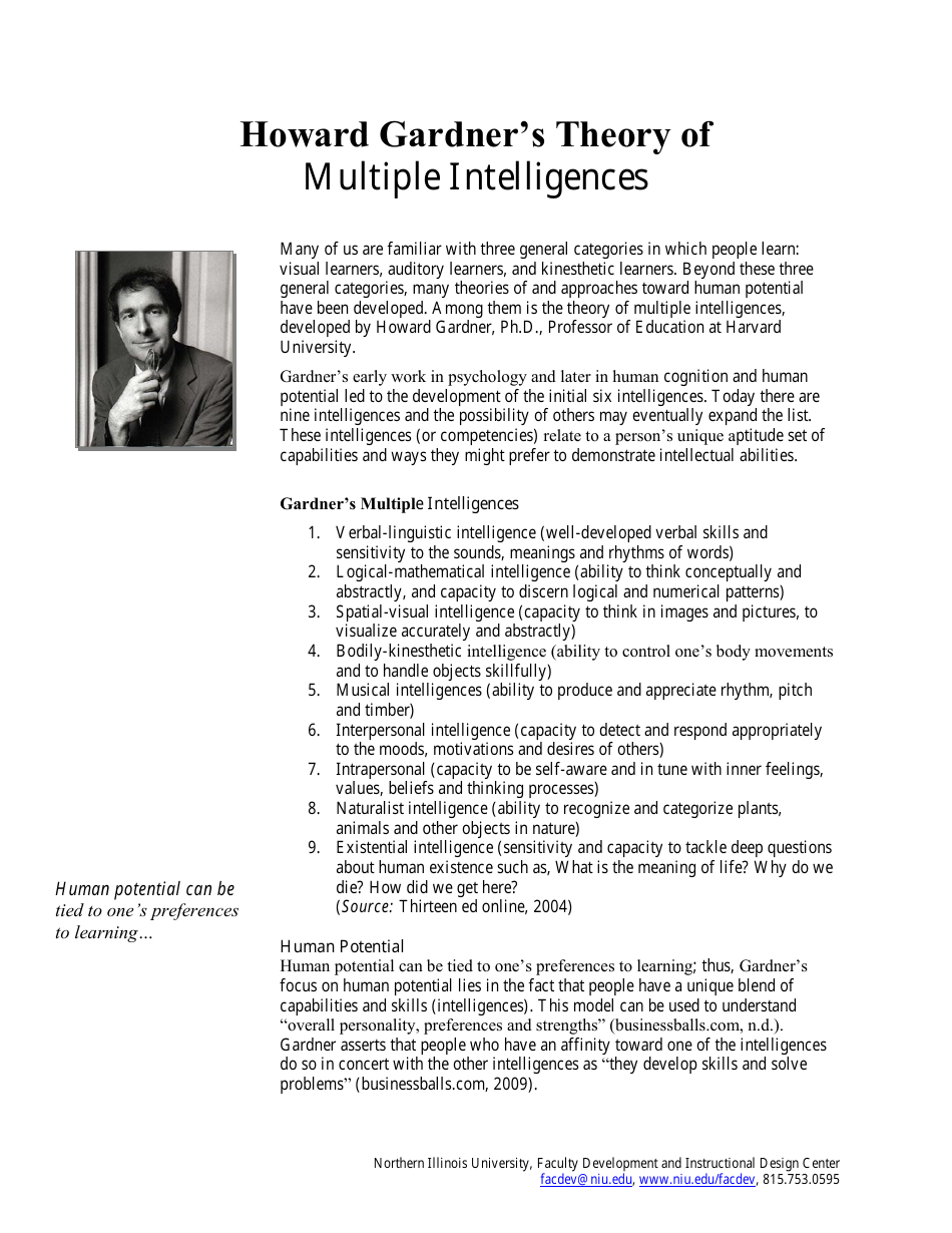 Howard Gardner's Theory of Multiple Intelligences - Northern Illinois ...