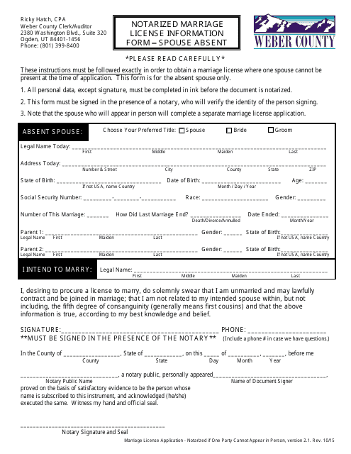 Notarized Marriage License Information Form - Spouse Absent - Weber County, Utah Download Pdf