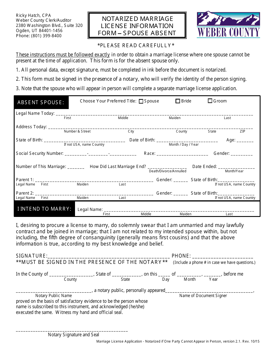 Notarized Marriage License Information Form - Spouse Absent - Weber County, Utah, Page 1