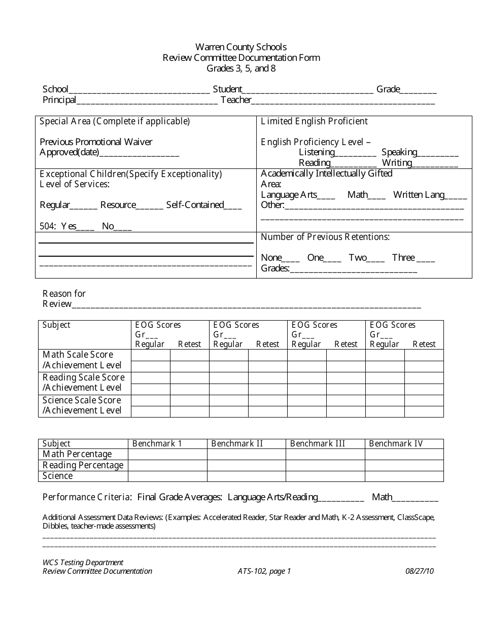 Review Committee Documentation Form for Grades 3, 5, and 8 - Warren County Schools, Page 1