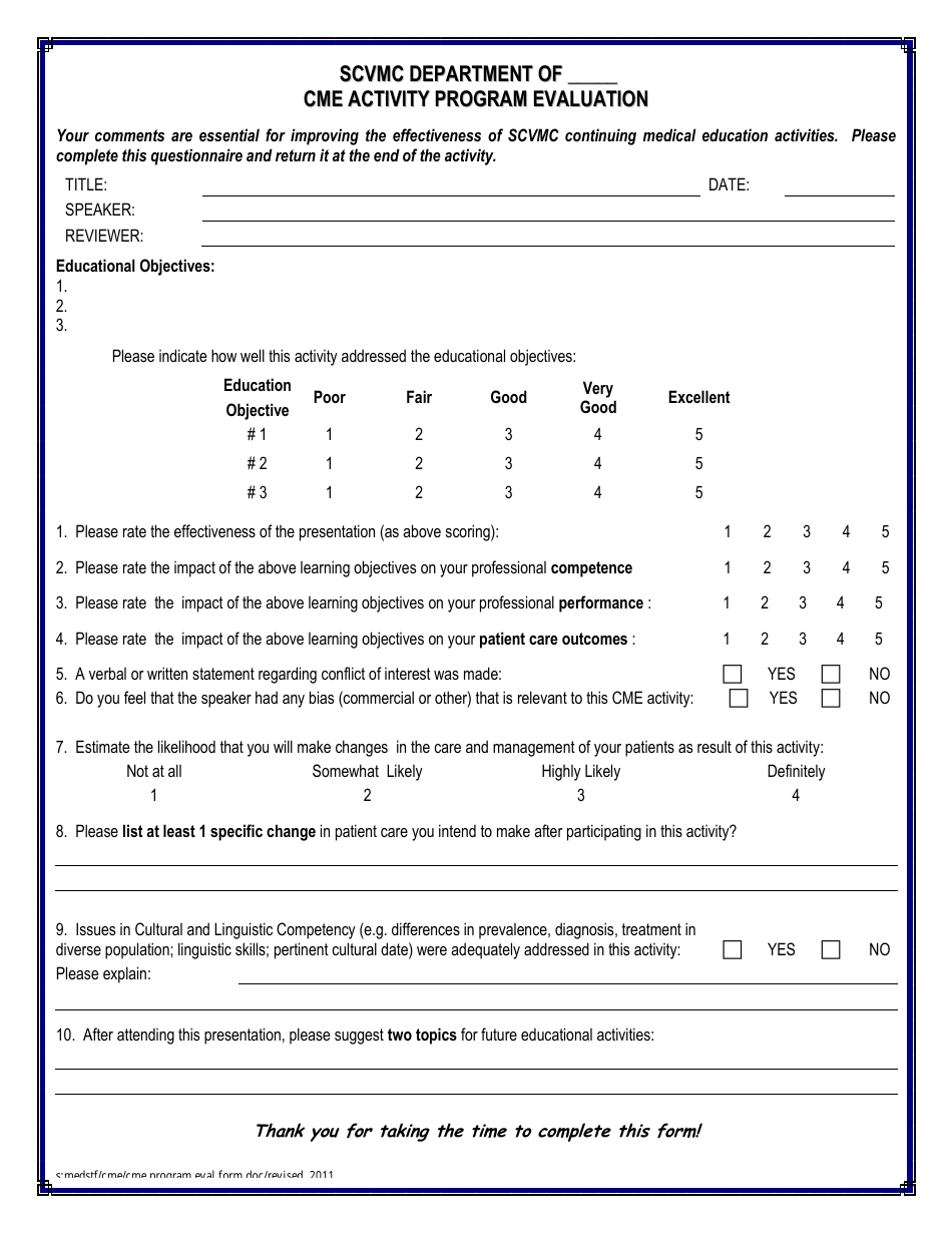 Cme Activity Program Evaluation Form - Santa Clara Valley Medical Center, Page 1