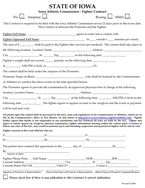 Fighter Contract Participation Application Form - Iowa Download Pdf