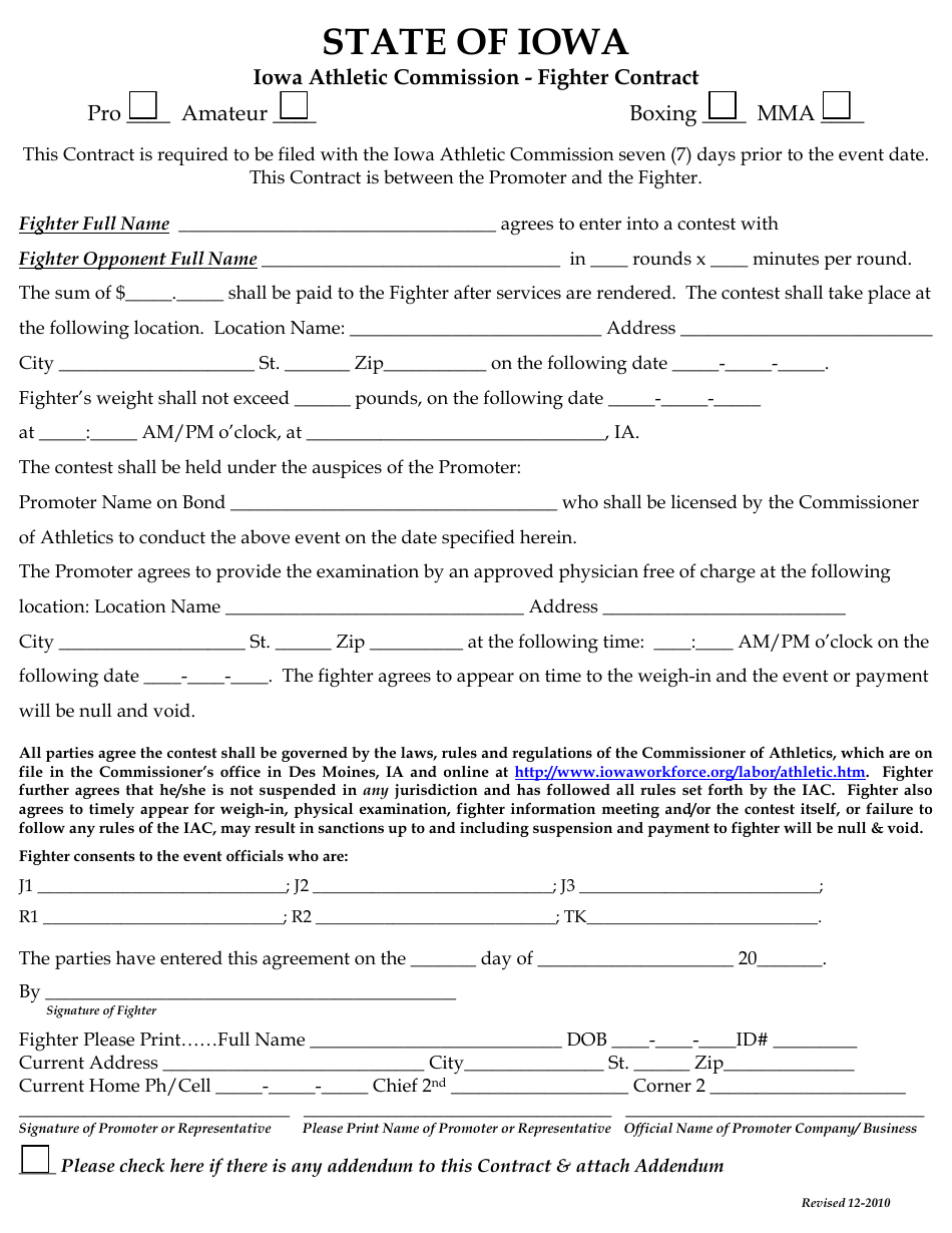Fighter Contract Participation Application Form - Iowa, Page 1