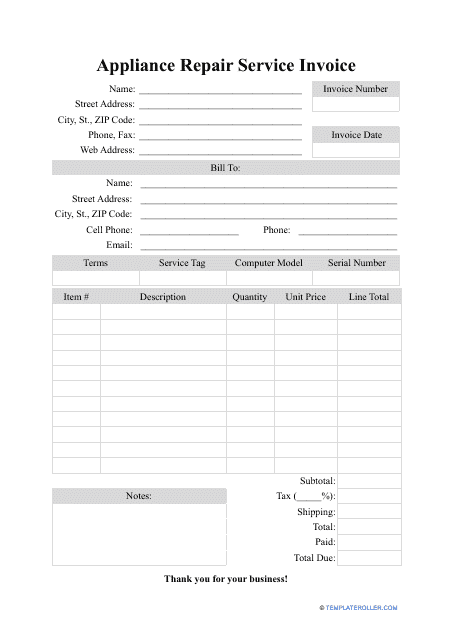 appliance repair service invoice template download printable pdf