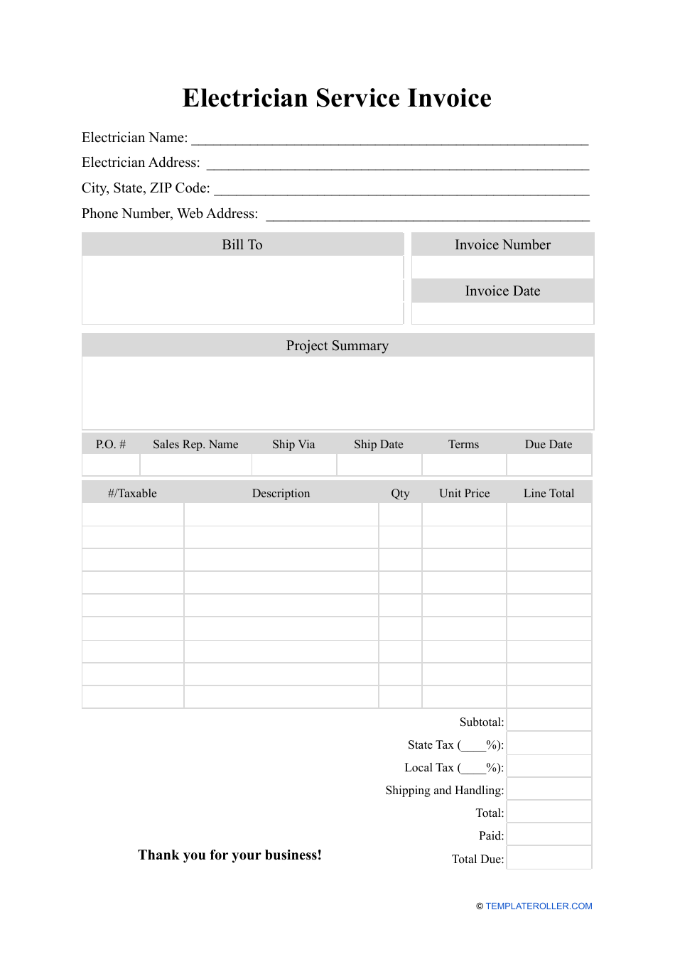 Electrician Service Invoice Template, Page 1