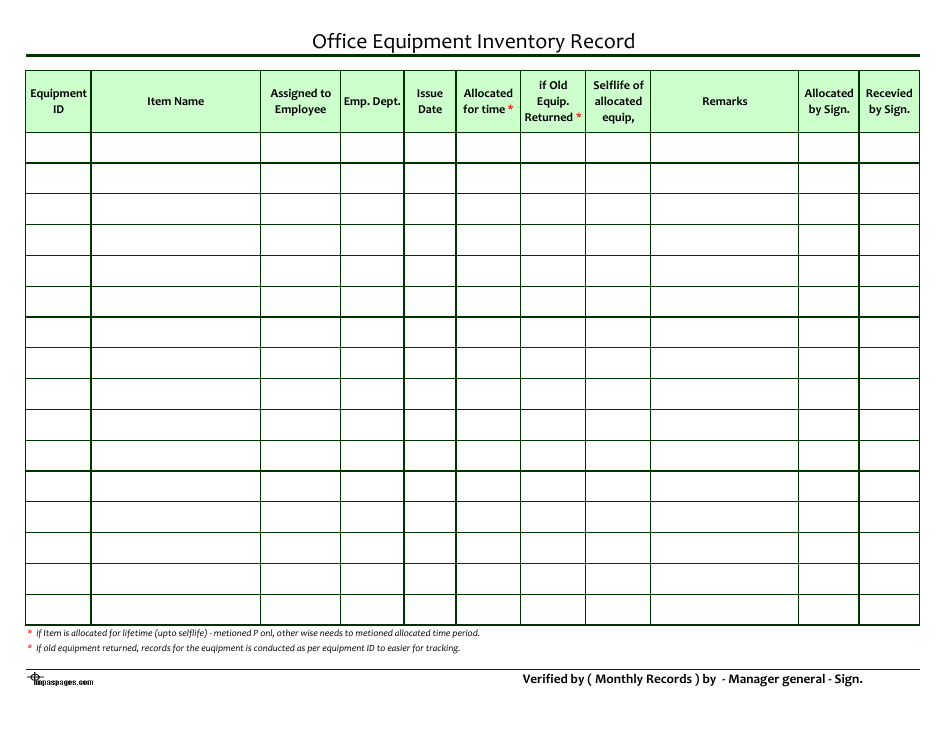 Office Equipment Inventory Record Spreadsheet Template Download