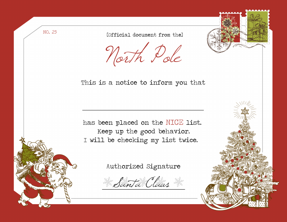 Santa's Notice Certificate Template - Blank festive design with Santa Claus illustration and space for personalizing.