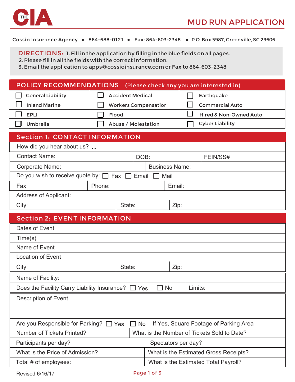 Mud Run Application Form - Cia, Page 1