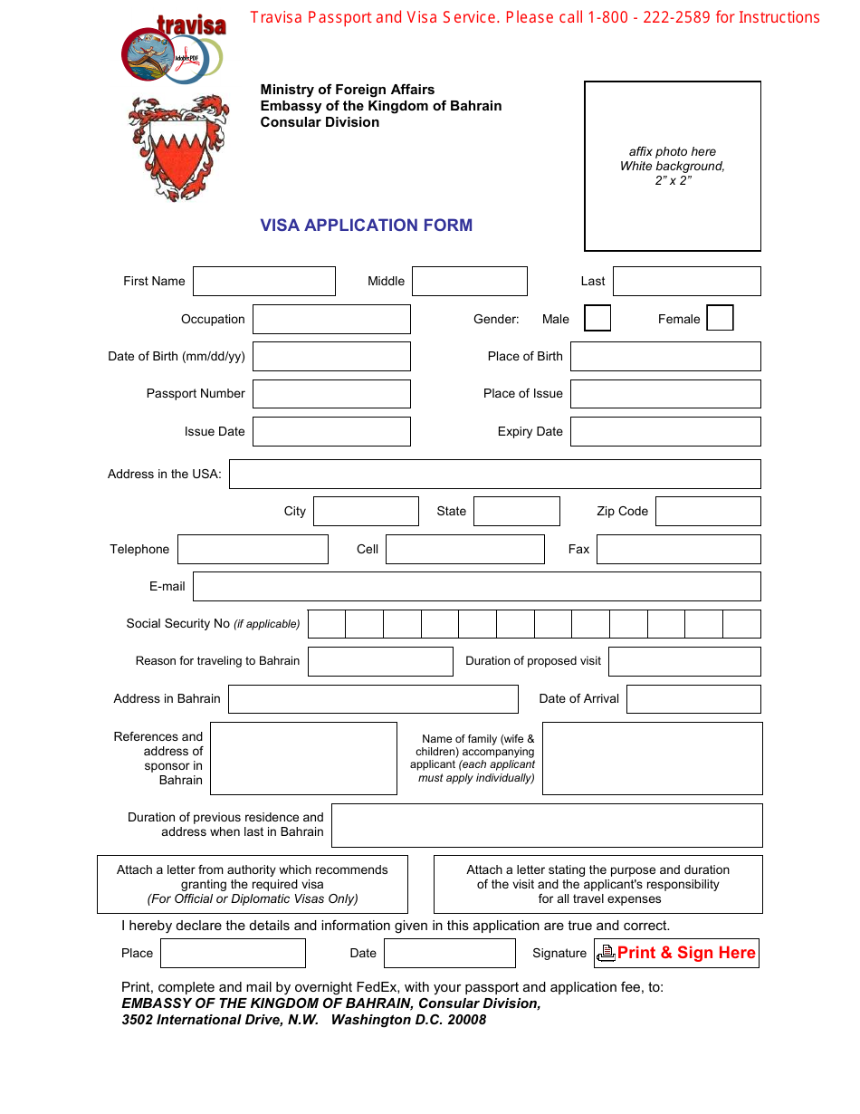 Bahrain Visa Application Form - Embassy of the Kingdom of Bahrain - Washington, D.C., Page 1