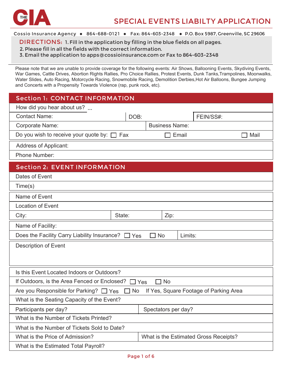 Special Events Liabilty Application Form - Cia, Page 1