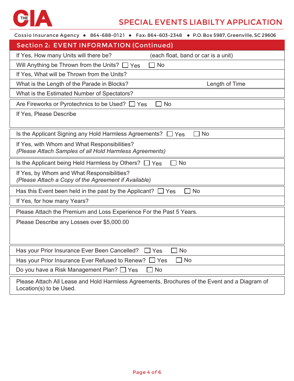 Special Events Liabilty Application Form - Cia, Page 4