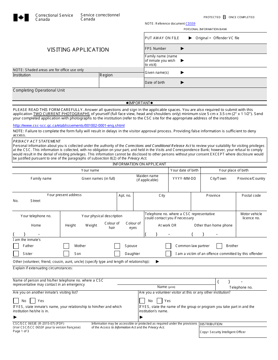 Form CSC / SCC0653e Visiting Application Form - Canada, Page 1