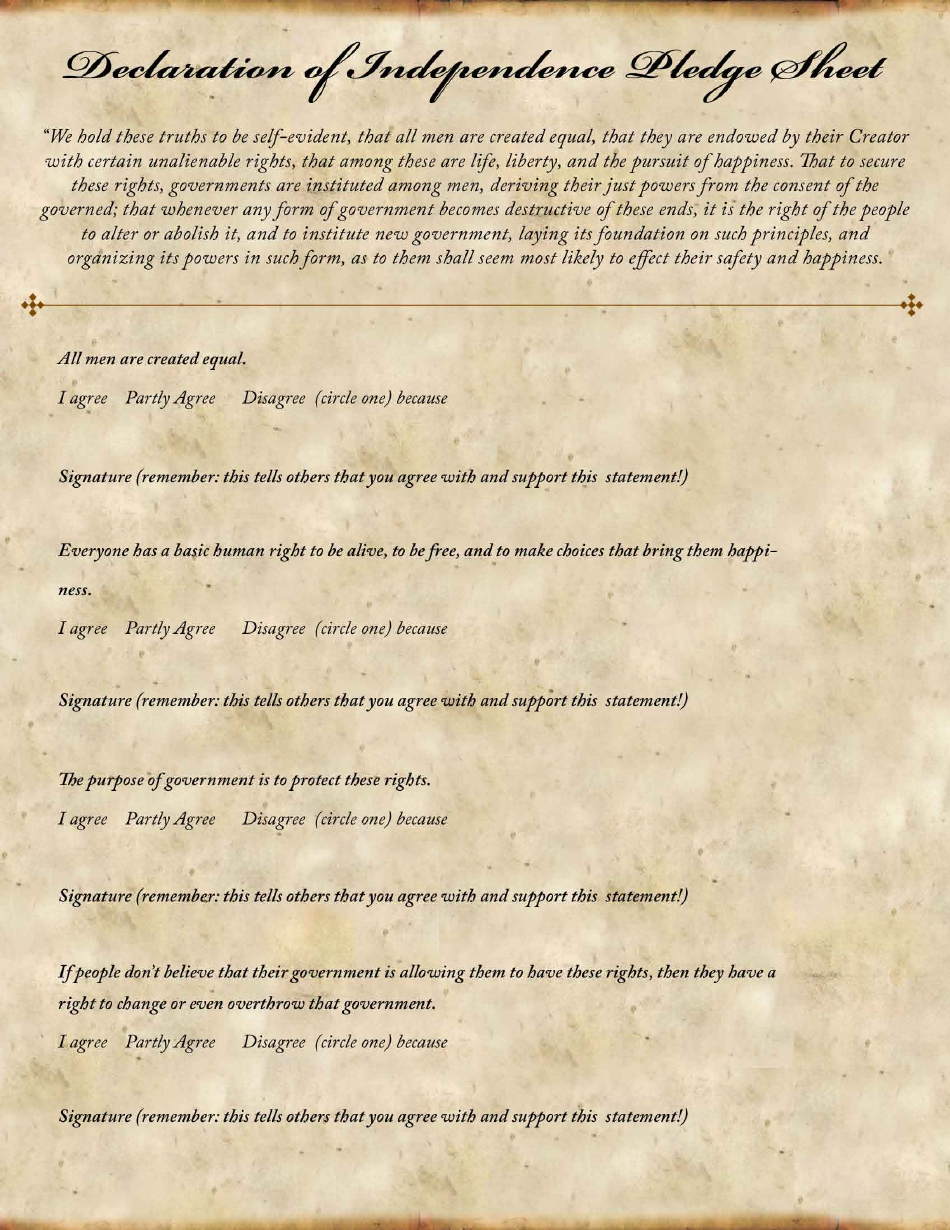 Declaration of Independence Pledge Sheet, Page 1