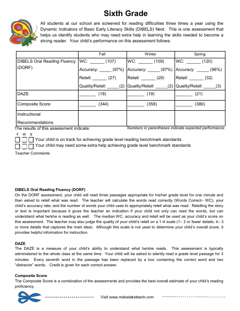 Dynamic Indicators of Basic Early Literacy Skills Assessment Form - Sixth Grade Download Pdf