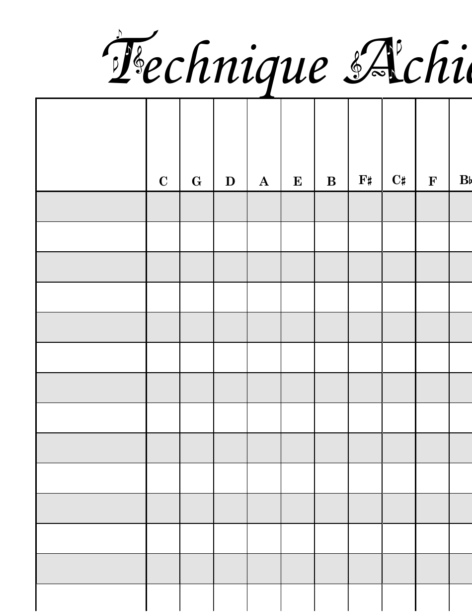 Piano Technique Achievement Spreadsheet Template - Preview Image
