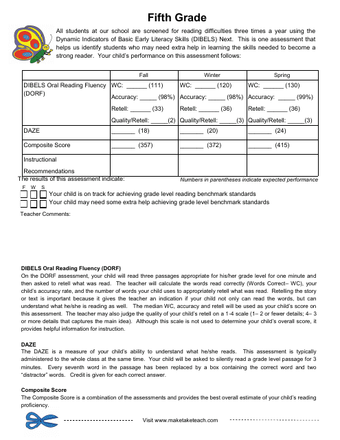 Dynamic Indicators of Basic Early Literacy Skills Assessment Form - Fifth Grade Download Pdf