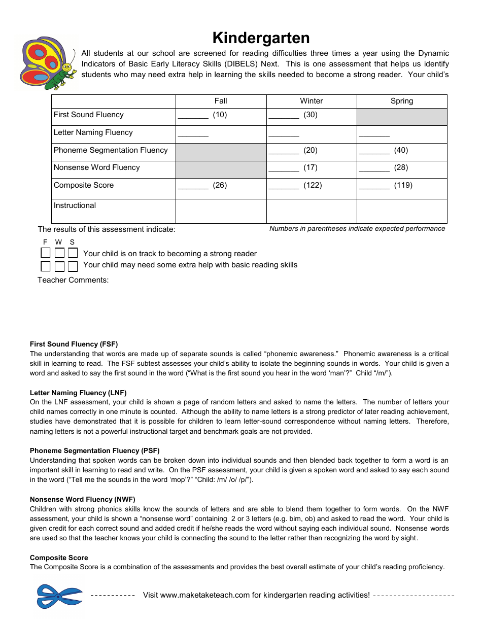 Dynamic Indicators of Basic Early Literacy Skills Assessment Form - Kindergarten, Page 1