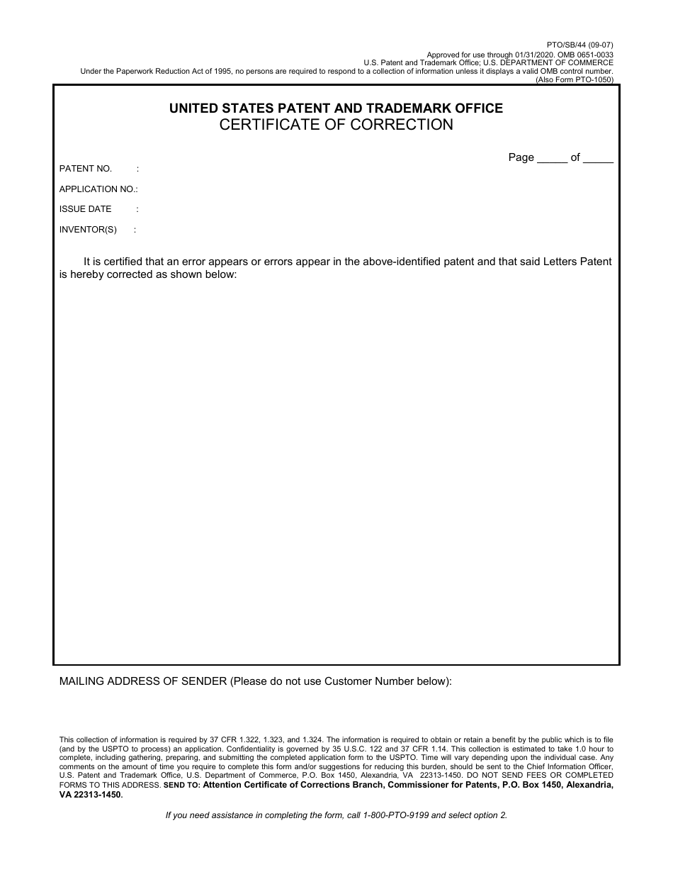Form PTO / SB / 44 Certificate of Correction, Page 1
