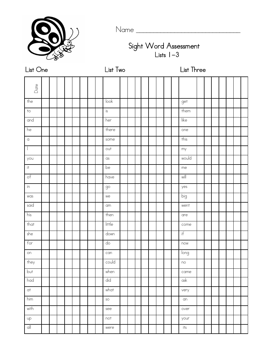 Sight Word Assessment Form, Page 1