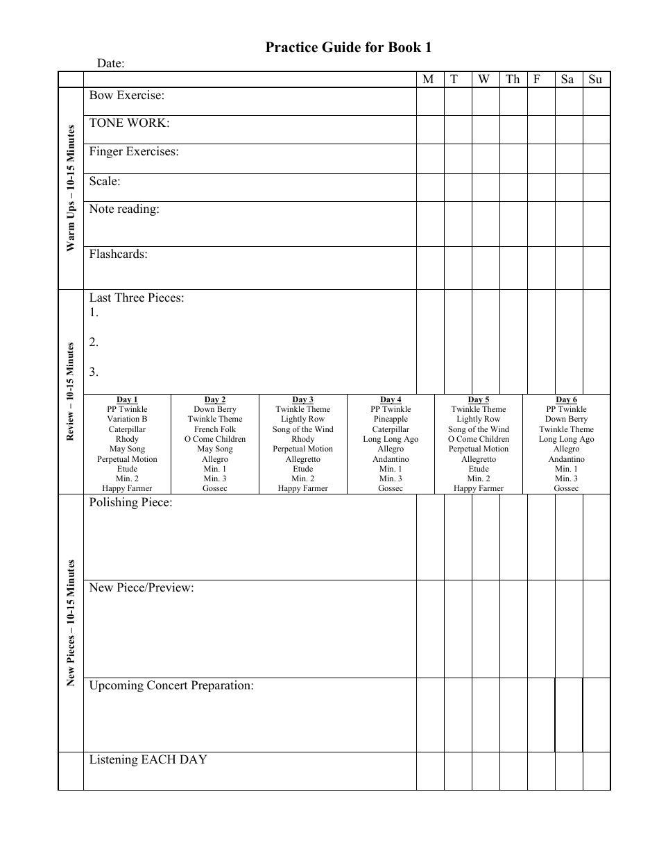 Suzuki Violin Practice Log Template - Guide for Book 1