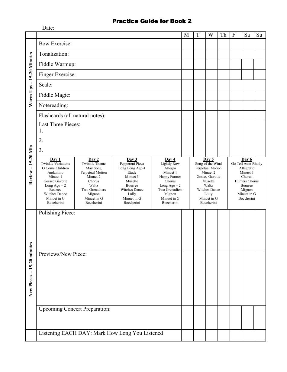 Suzuki Violin Practice Log Template with Guide for Book 2