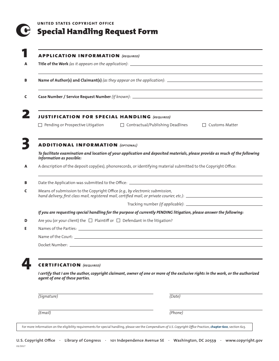 Special Handling Request Form, Page 1