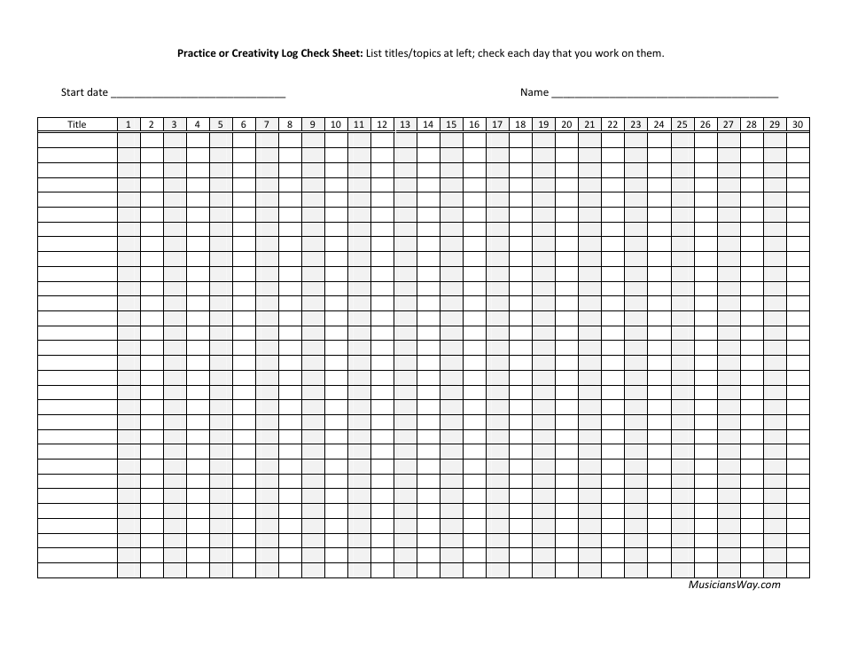 Practice or Creativity Log Check Sheet Template preview