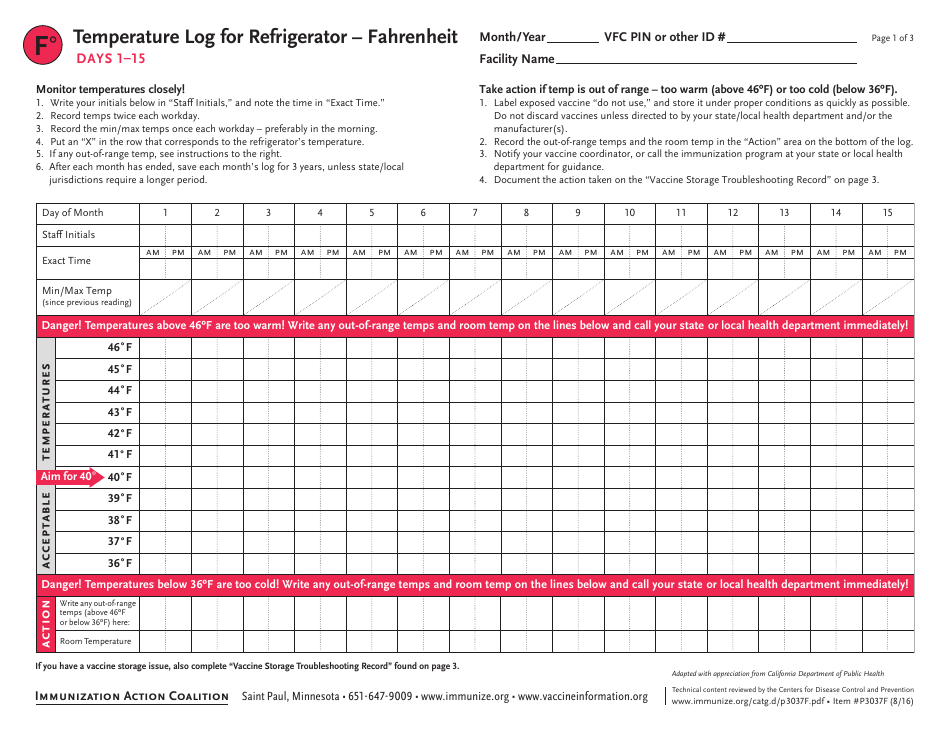 Fahrenheit Temperature Log for Refrigerator (Vaccine Storage