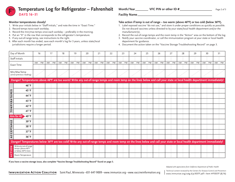 Fahrenheit Temperature Log for Refrigerator (Vaccine Storage ...